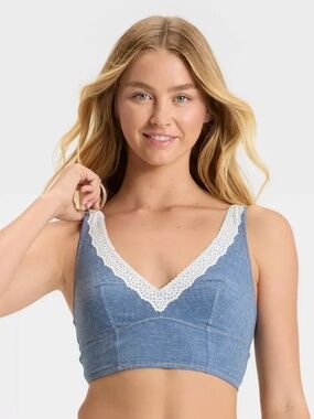 NWT Denim Blue Eyelet Lace Trim Longline Bralette Crop Top XL